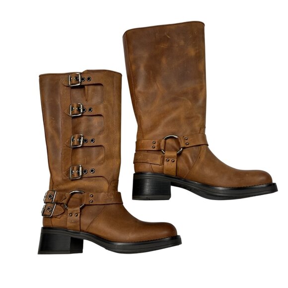 Steve Madden Lug Sole Square Toe Brock Tall Leather Buckled Boots Size 7 - Picture 2 of 8